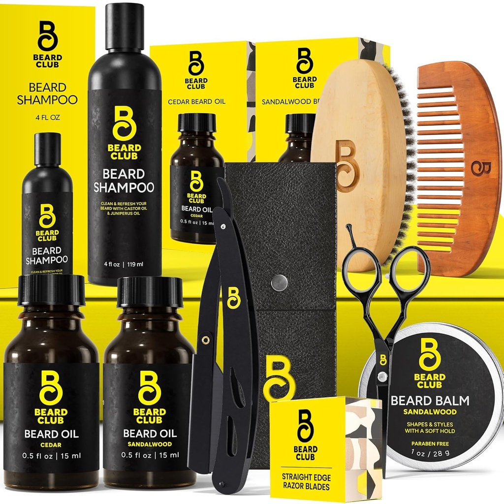 Barbă Club Premium Beard Kit pentru bărbați - Truming & Care Kit - Cedar & Sandalwood Oil, Sandalewood Balm, Shampoo, Brush, Comb, Trimming Foarfece, Drept Edge Razor - Set cadou
