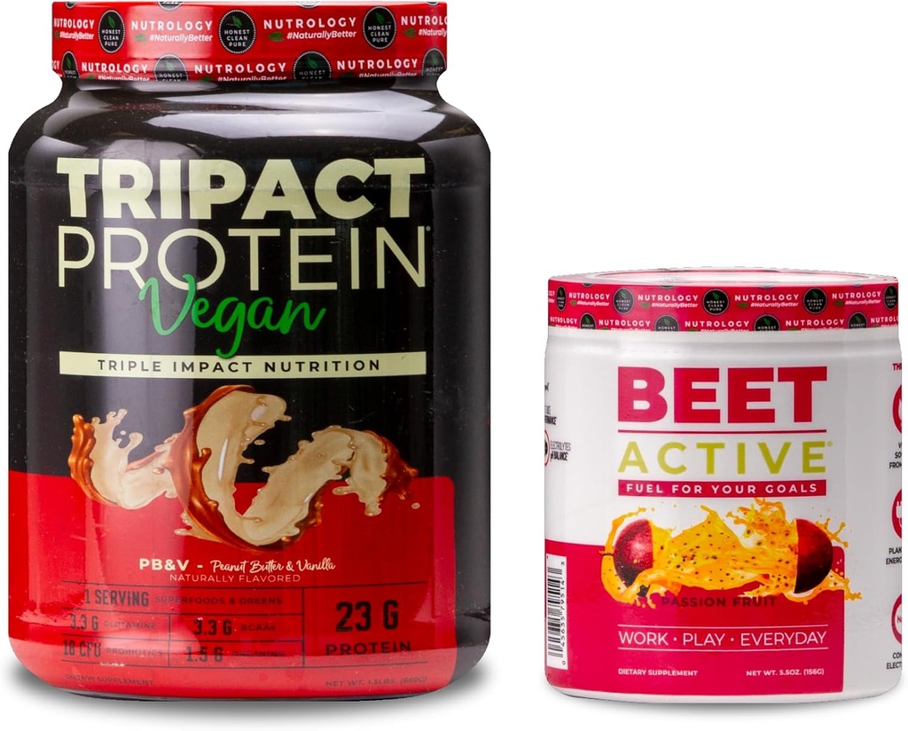 Nurologie TRIPACT Pudra de proteine din Vegan, pentru Shake-uri de proteine din Vegan, unt de arahide de vanilie (20 serviri) & Sfeclă activă, praf natural de pre-workout, aromă de fructe din pasiune (30 Serviri)