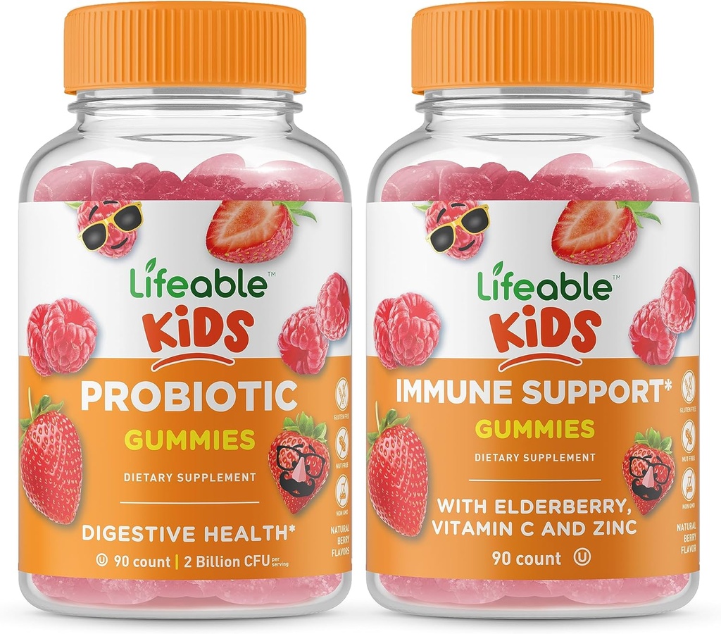 Probiotic de viață 2 miliarde de copii CFU + Suport imun Copii, Gume Bundle - mare Tasting, Supliment de vitamine, Gluten gratuit, OMG gratuit, Gummy mesteca