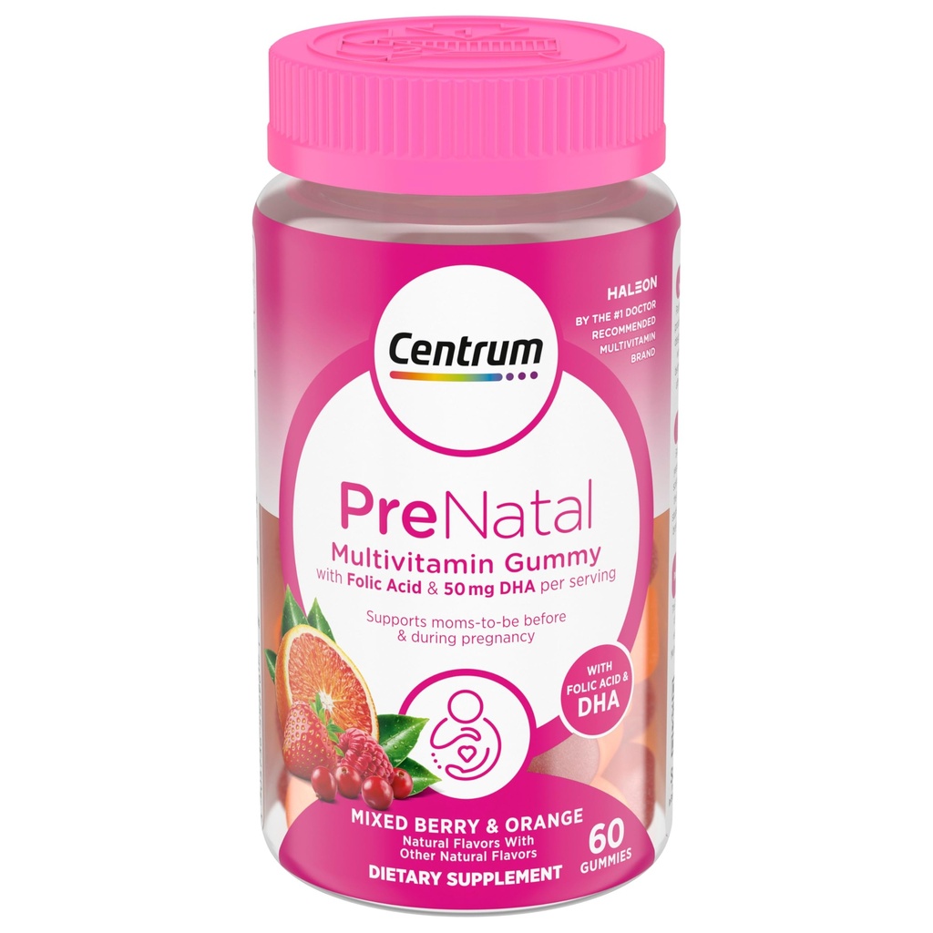 Centrum Prenatal Multivitamine Gummies cu DHA și Acid folic, Berry mixt și aroma portocalie - 60 Conte, 30 zile de aprovizionare