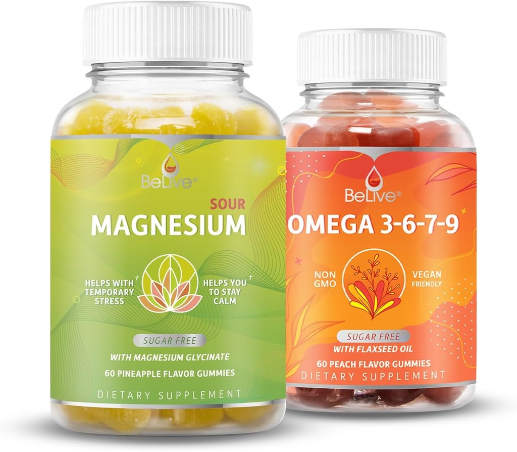 BeLive Magneziu GLycinate & Omega 3-6-7-9 Bundle pentru relaxare, somn, creier, inima & Inmune Sistem de suport