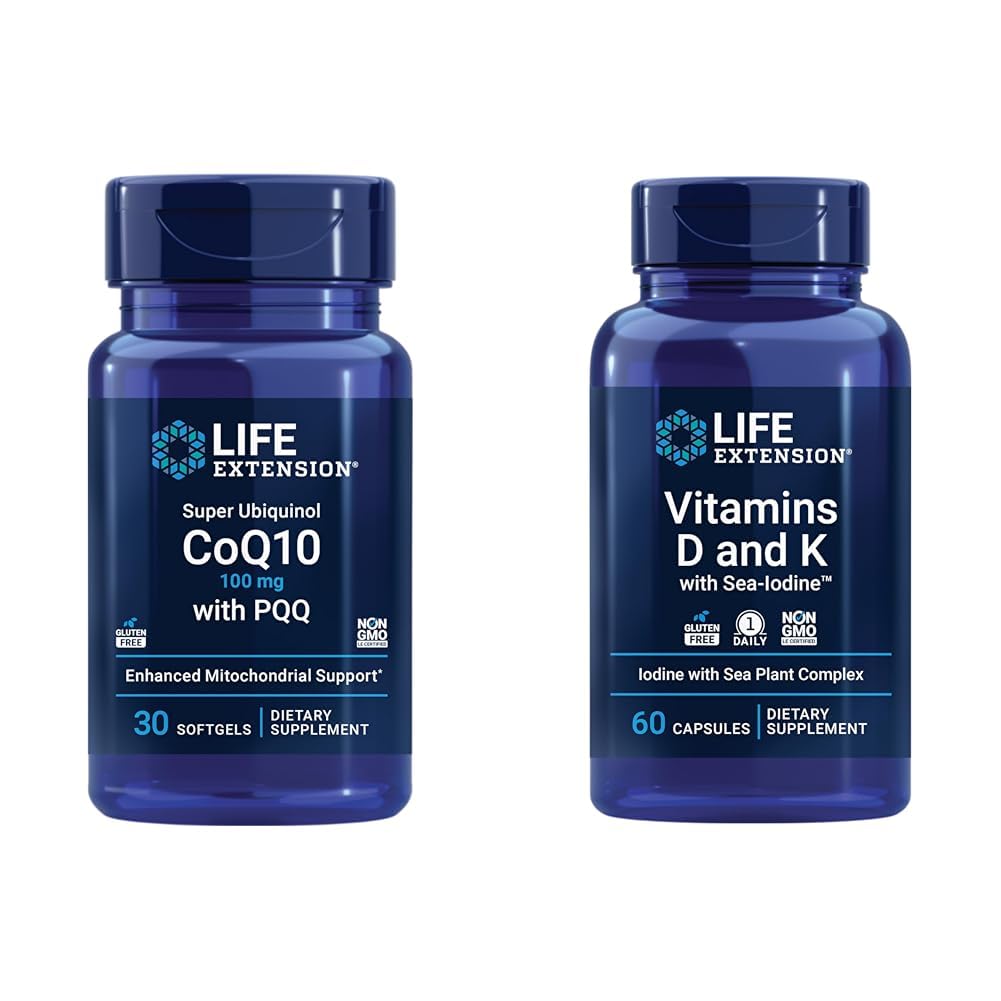 Extensie de viaţă Super Ubichinol CoQ10 cu PQQ, CoQ10, PQQ & Vitamine D şi K cu Iod de mare, vitamina D3, vitamina K1 şi K2