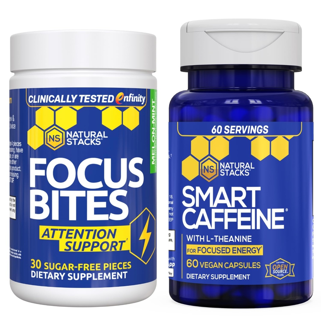 Natural STACKS Smart Caffeine + Focus Bites Bundle - Cafeina & Paraxanthine Suplimente - Sprijină Energie & Focus* - Fără Jitters sau Crash - 90 Pieces