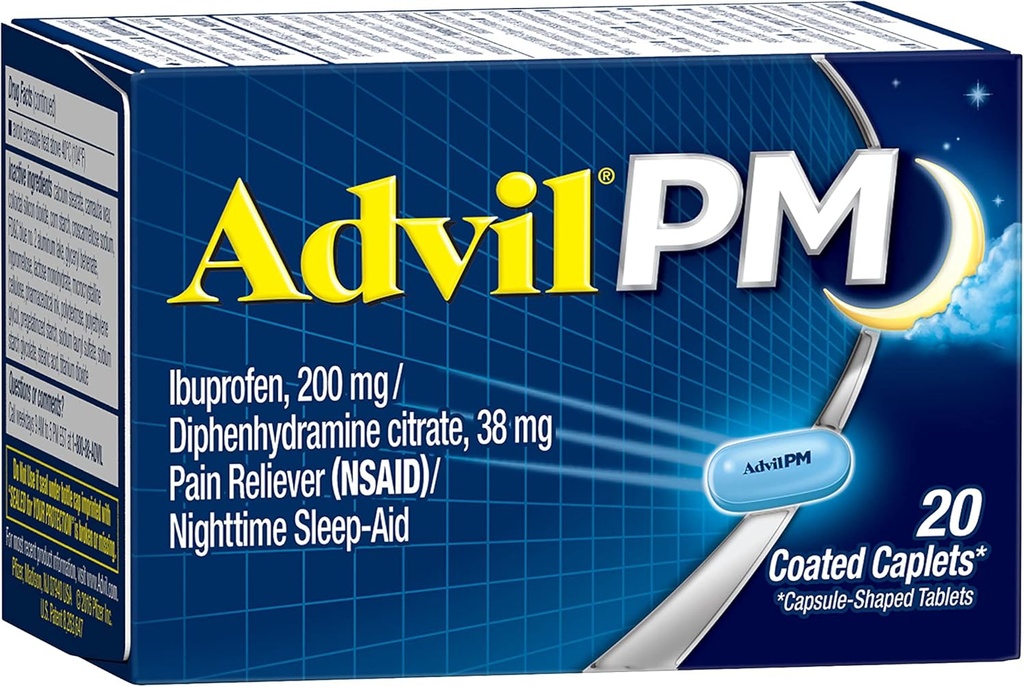 Advil PM (20 Conte) Durere Relieiver/Nighttime Sleep Aid Caplet acoperit, 200mg Ibuprofen, 38mg Difenhidramină