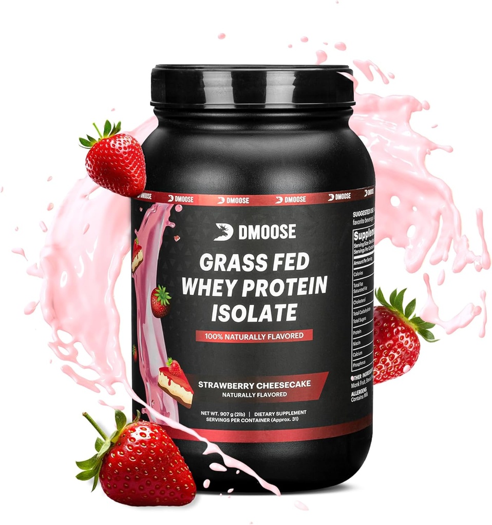 DMoose Grass Pudră de proteine Fed Whey - pentru creștere musculară și recuperare, îndulcit natural și arostat, bogat în aminoacizi, performanță de absorbție rapidă (2 Lbs, căpșuni)