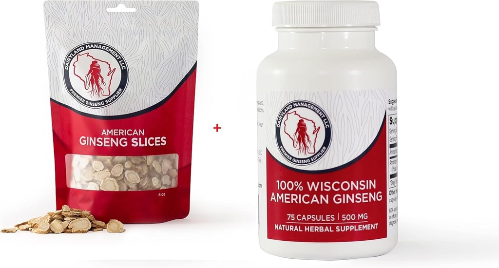 Dairyland American Ginseng Slices 4 oz şi capsule 75 ct Pachet de Wisconsin Ginseng 
