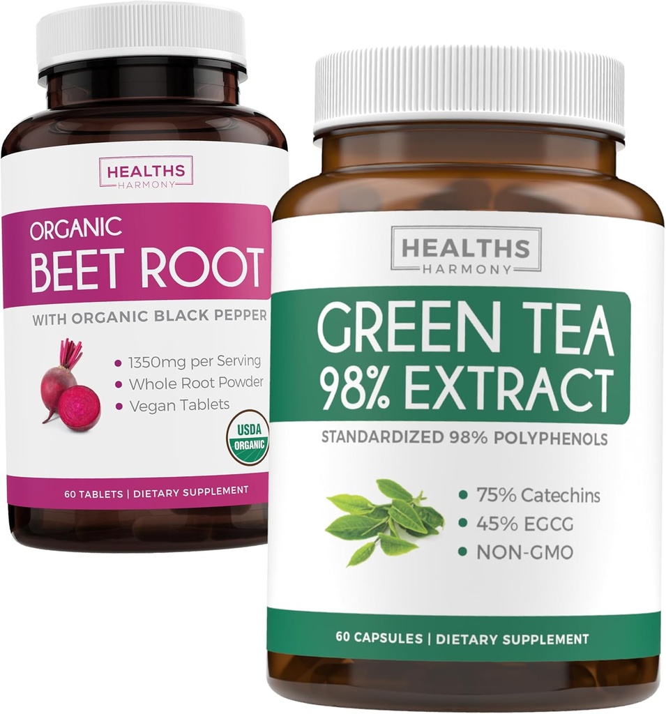Sfeclă rădăcină & extract de ceai verde (1-Month Supply) Duo putere dezintoxicare - organică rădăcină de sfeclă cu piper negru pentru absorbție 1250mg (60 comprimate) și extract de ceai verde 98% cu EGCG 1000mg per servire (60 capace)