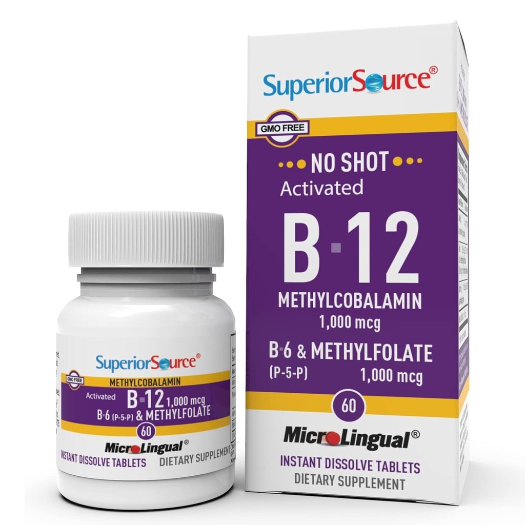 Sursă superioară Nu Shot Vitamina B-12 Methylcobalamină 1000 mcg, B-6, & Methylfolate 1000 mcg - Sprijină Energie, Brain, şi Heart Health - Bariatric prietenos - 60 Tablete sublinguale Dissolving