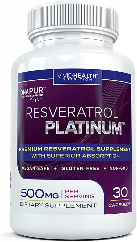 Resveratrol Platinum Antioxidanti Supliment: puternic anti imbatranire Formula cu Pure, Natural Trans Resveratrol pentru Suport Immun, Vitality and Brain Health, 30 Gluten Free Veggie Capsule