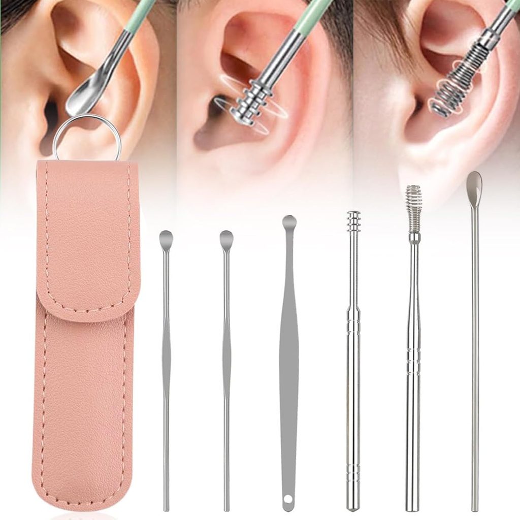Cleaner ureche, 2024 New Satinless Steel 360° Spiral Earwax Cleaner Tool Set cu PU piele caz, Ureche Curățare Kit, Creative Ureche Portabil Kit de curățare pentru bărbați și femei (E Tip*1)