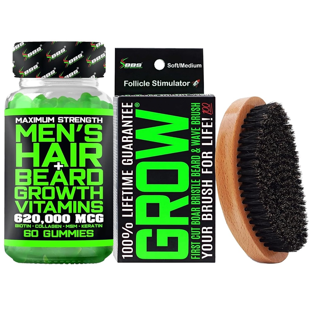 Kit de creştere a bărbii g/ 620.000 mcg 14- in- 1 Gume BIOTIN/ Vitamine de creştere a burdufului şi vitamine de creştere a părului pentru bărbaţi + 100% Înlocuire pe tot parcursul vieţii Perie de bizon tăiat prima dată şi 360 Wave Brush pentru bărbaţi
