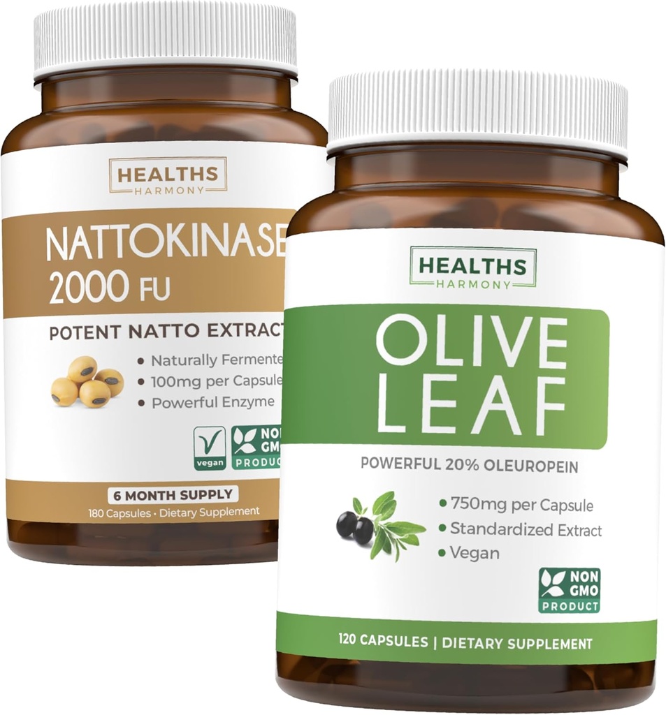 Nattokinaza & Olive Leaf (6-Month Supply) Flow & Wellness Mix - Nattokinaza 2000 FU Powerful Natural Fermented Soybeans (6-Month Supply) & Olive Leaf Extract Super Putere cu 20% Oleuropeină