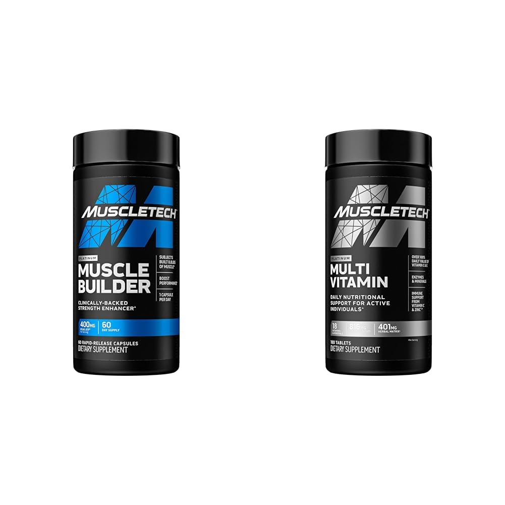 MuscleTech Muscle Building & Multivitamine Supplement Bundle - Nitric oxid Booster and Muscle Gainer with 400mg Peak ATP, 60 Pills & Platinum Multivitamine, 180 ct