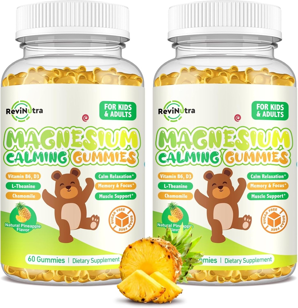 Gume de magneziu pentru copii - Magneziu Glycinate Gumies Supliment cu L-Theanină, Vitamina B6, D3 pentru adulți și copii, Magneziu calm pentru somn, Relaxare, Brain,Bones,Sugar gratuit Ananas 120ct