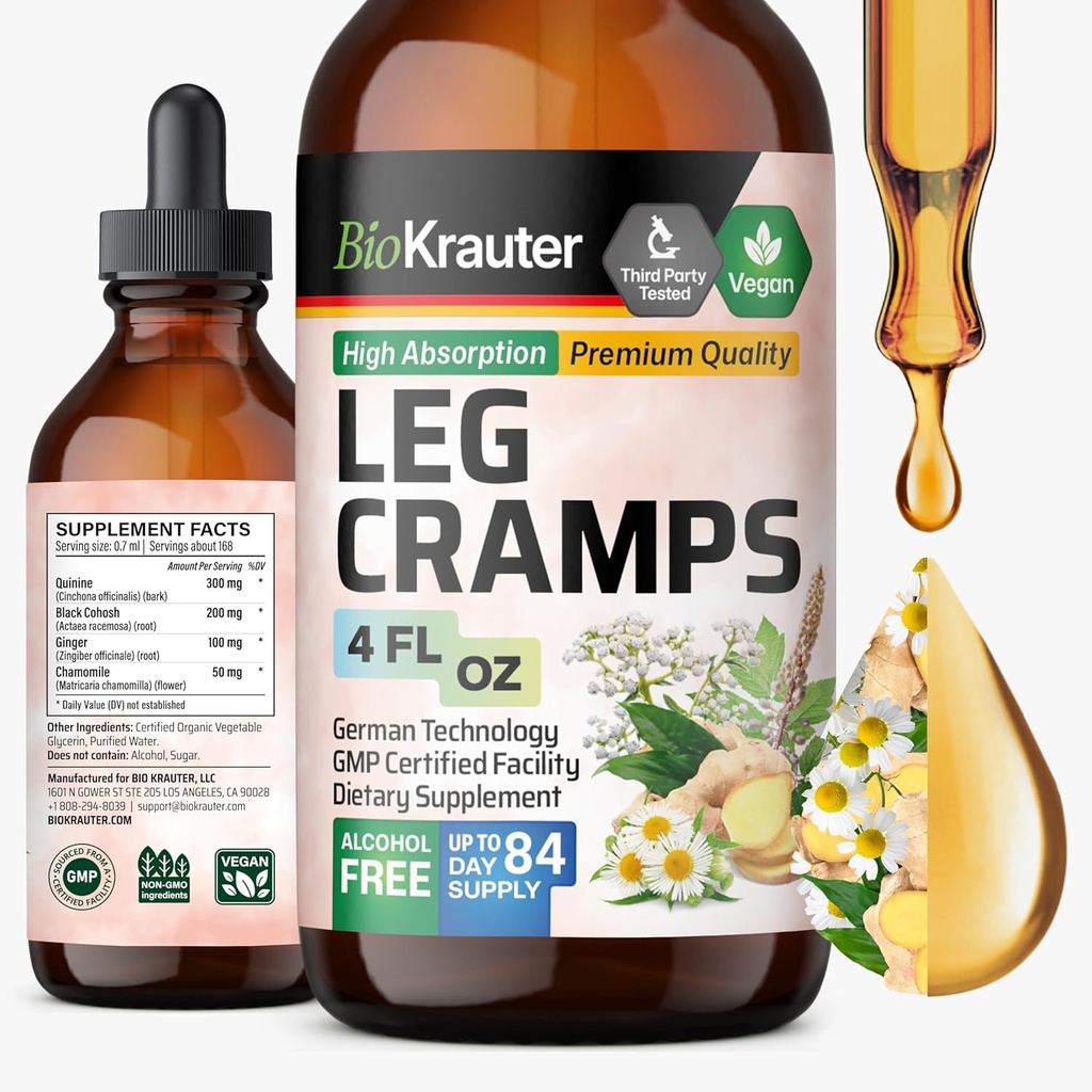 BIO KRAUTTER Leg Cramps Tincture cu chinina - Ginger & Chamomile Extras lichid pentru cramps picior - Natural Alcool & Sugar Free Formula - Picături Vegan 4 Fl.Oz.