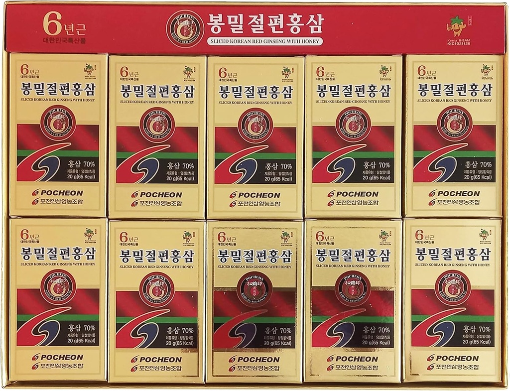 Pocheon 200g (10ea X 20g) 6 ani Sliced Korean Panax Red Ginseng Rădăcini cu miere, Saponina, Natural Immune Support