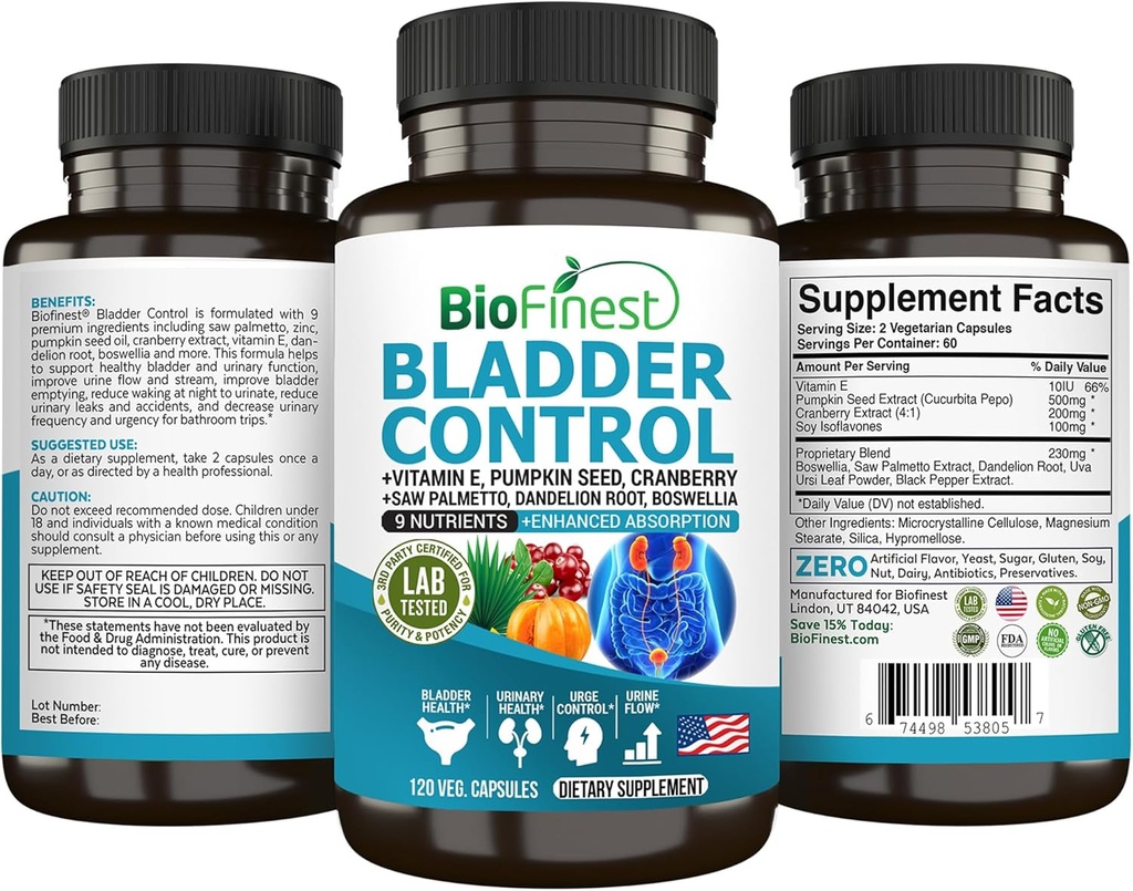 BioFinest Bladder Control Supliment pentru bărbați și femei - 120 Veg. Capsule - Saw Palmetto, Cranberry, Seminte de dovleac, Vitamina E, Boswellia, Dandelion Root - Urinian Tract Bladder Health - Made in USA