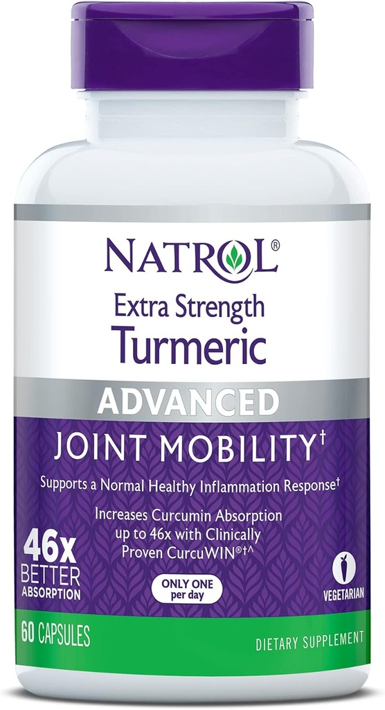 Natrol Extra Putere Turmeric, Supliment alimentar pentru sănătate comună, Supliment Turmeric pentru adulţi, 60 capsule, până la 60 zile de aprovizionare