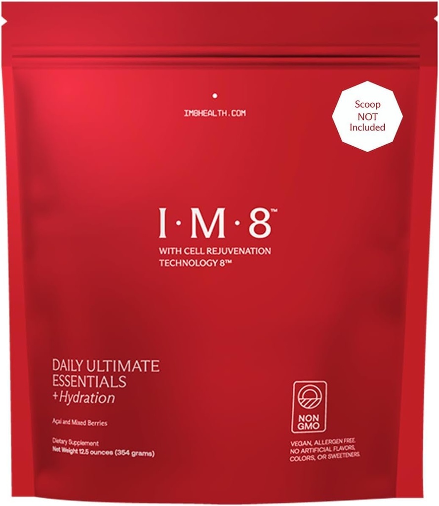 IM8 Daily Ultimate Essentials All-in-1 Multivitamine Supplement, 92 Nutrient Rich Ingredients CoQ10, Probiotice, Vitamine, Verzi, GF, Acai Mixed Berry (30 Servings, Refill Pouch)
