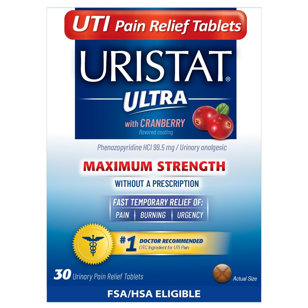 Uristat Ultra UTI Pain Relief Tablete, Rapidă Infecție a Tractului urinar Relief de durere urinară, Arsuri, Urgenta, Putere maximă, Coating cu aromă de afine, 30 comprimate