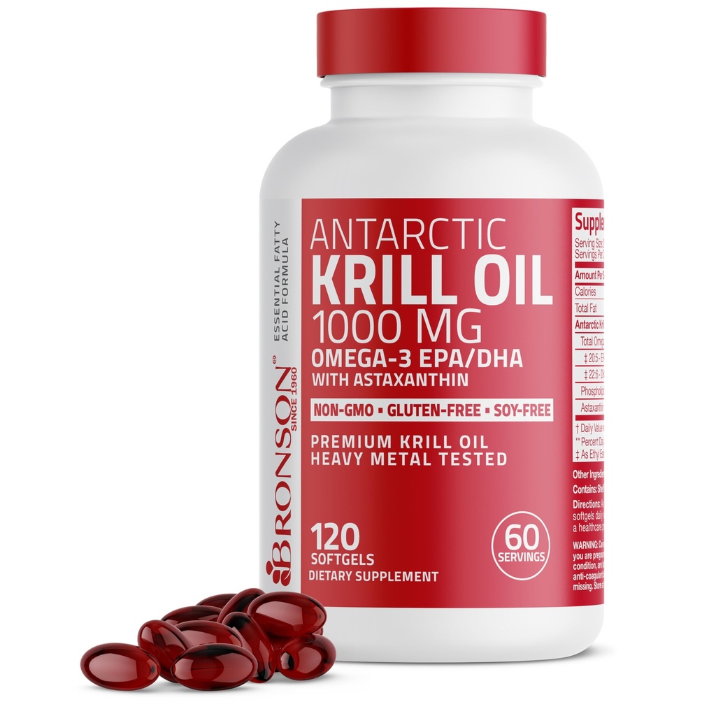 Bronson Antarctic Oil Krill 1000 mg cu Omega-3s EPA, DHA, Astaxantină și Fosfolipide 120 Softgels
