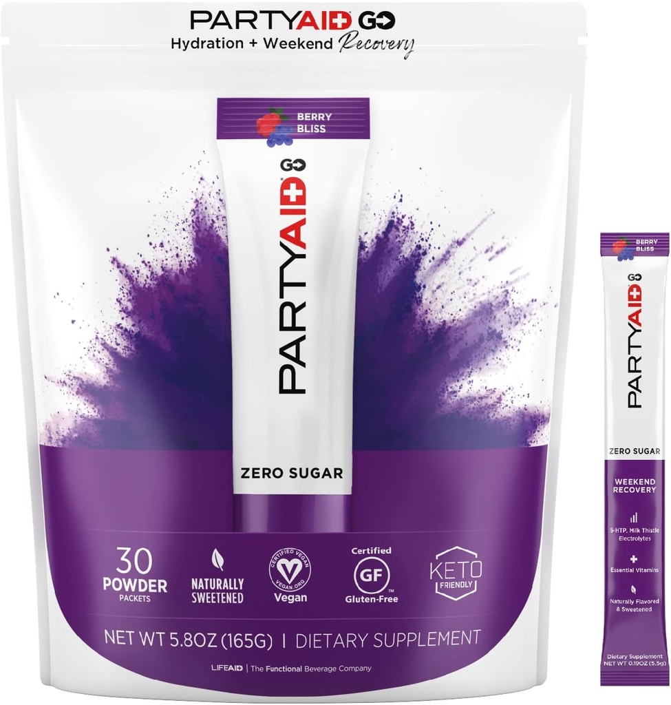 Partyaid GO Simțiți-vă bine În seara asta și mâine, Zero Zahăr, 5-HTP, B-complex, Mulgemi de lapte, Electroliți, Fără arome artificiale sau îndulcitori, Cafeina-Free, 30 Conte (Pachet de 1)
