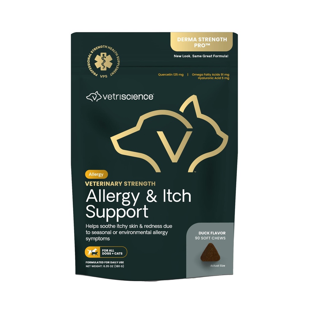 Putere veterinara VetriScience Alergie & Itch Support Chews - Supliment de sprijin pentru alergii sezoniere pentru animale de companie - Pet Skin Sensibility Support - Cats & Dogs - Duck Flavor - 60 Chews