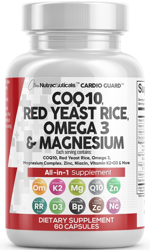 Clean Nutraceuticals COQ10 200mg Red Yeast Rice Omega 3 Complex de magneziu 500mg Niacin Zinc Vitamina K2 D3 - Vitamine suport cardiac pentru femei si barbati w/Vitamin B3, Coenzima Q10-60 Ct