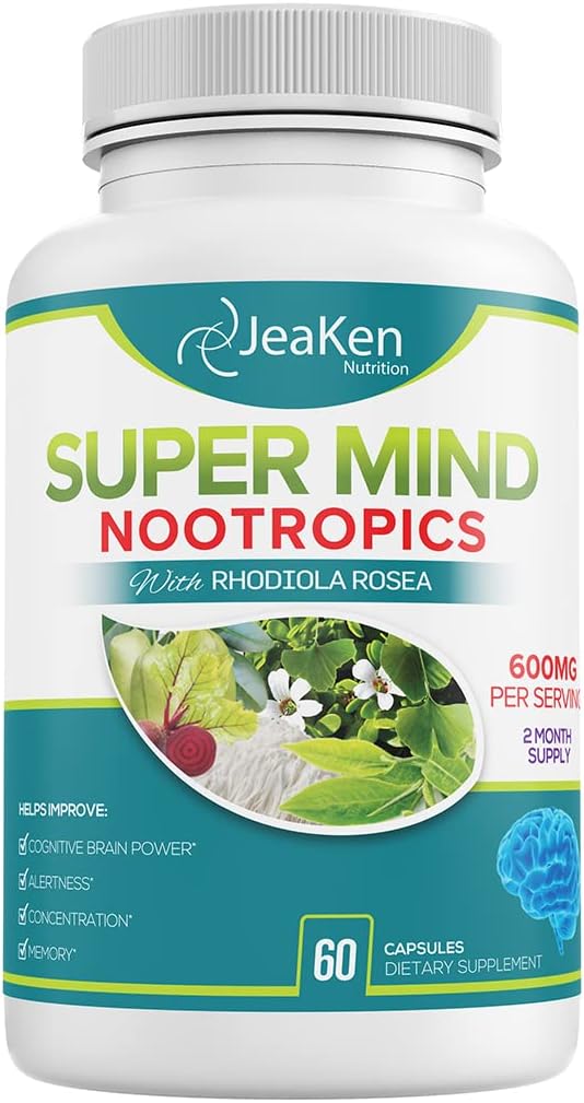 Super Minte - Nootrops Îmbunătățitor cognitiv - Boost Creier Supliment cu ingrediente naturale - Bacopa Monnieri - Rhodiola Rosea - Ginkgo Biloba - Vitamina B12-60 Capsule Vegan realizate în Statele Unite ale Americii