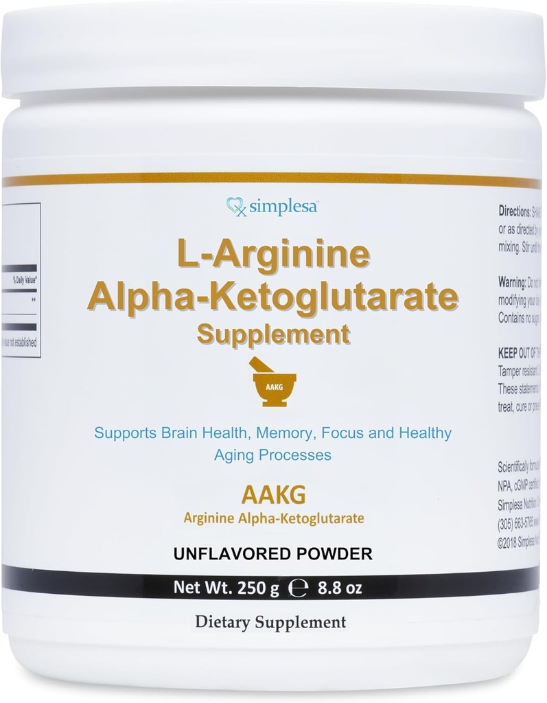 Simplesa AAKG Arginine pulbere, L-Arginina Alpha-Ketoglutarate Supliment, 2000mg Per Serving, Suporturi de sănătate cerebrală, Memorie, Focus și Procese de îmbătrânire sănătos, 250g pulbere Supliment