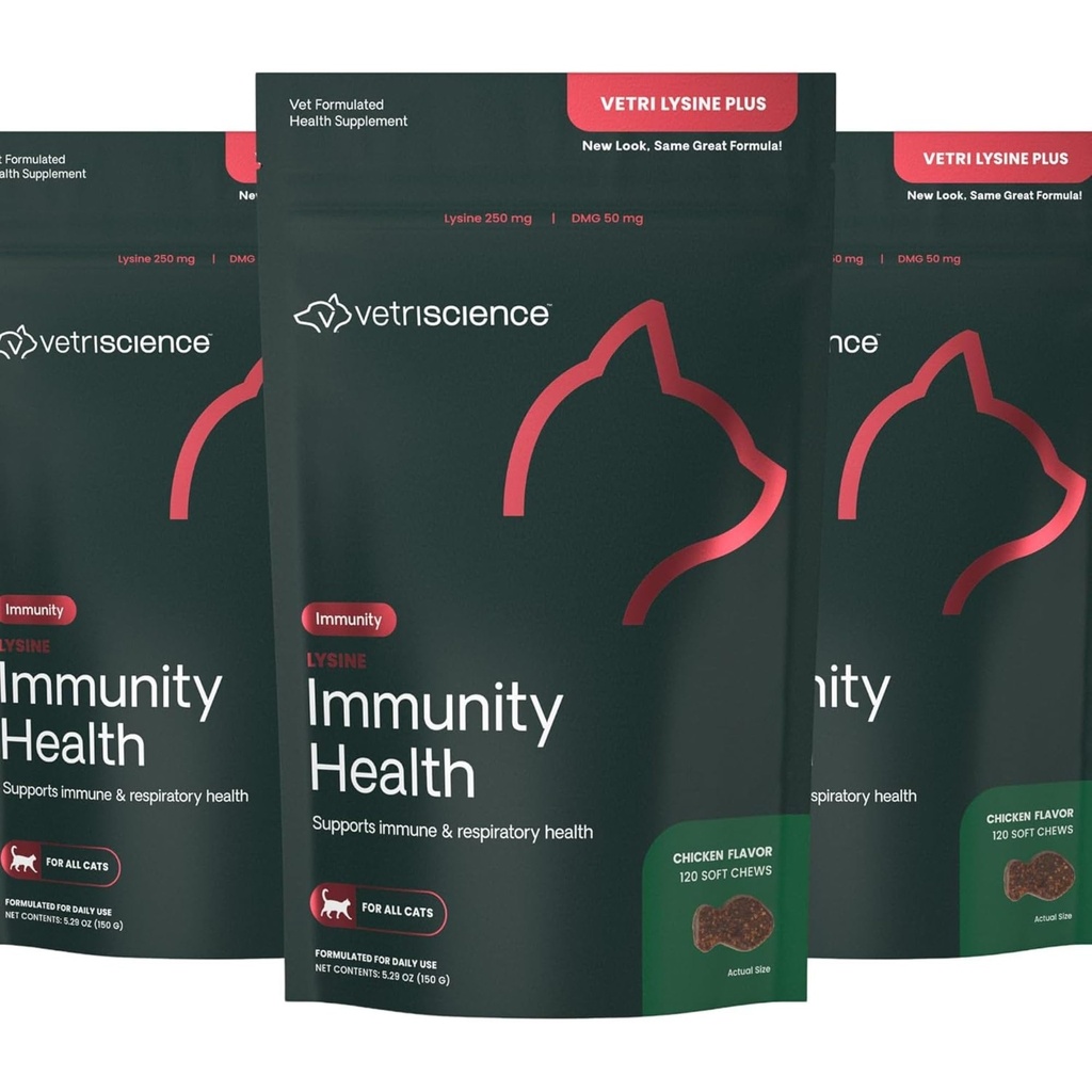 VetriScience Lysine Imunity Health Chews, 250 mg Lysine Plus Suplimentul imunitar pentru pisici și pisici cu alergii, Sneezing, Runny Nose și Watery Eyes, Pui, 3 Pack