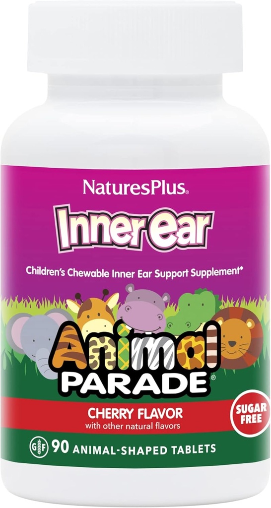 Naturals Plus Animal Parade Inner Auricular Suport pentru copii - Aroma de cireșe naturale - 90 Tablete - Supliment probiotic - Gluten gratuit - 45 Serviri