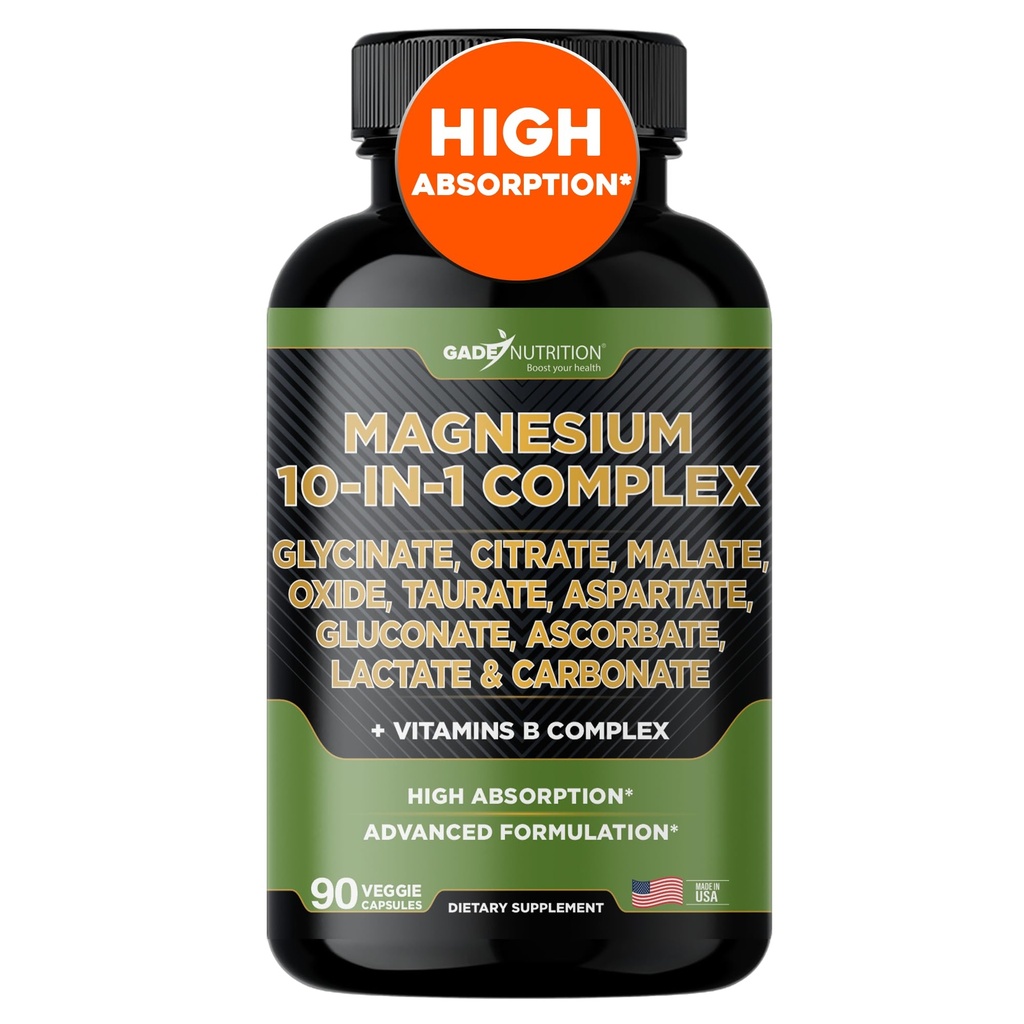 Complexul Gade Nutrition Magneziu 10 in 1 - Glycinat, Citrat, Malat, Oxid, Taurat, Aspartat, Gluconat Ascorbat Lactat Carbonat de zinc Copper Mangan & Vitamine (count 90 (Pachet de 1)