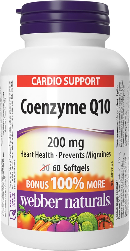 Webber Naturals Coenzime Q10 (CoQ10) 200 mg, 60 Softgels, supliment antioxidant de înaltă potenţă, pentru Heart Health and Cellular Energy Production, 60 Day Supply, Gluten Free