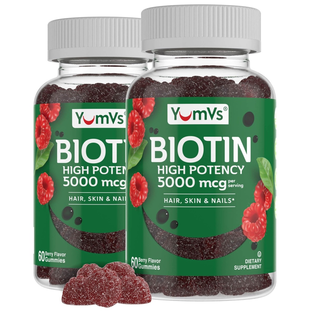 Gume de YumVs Biotin 5000mcg - Aroma de zmeură lucioasă - Gume mai groase de creștere a părului pentru femei sau bărbați - păr, piele și unghii Vitamine - Guma de par - Suplimentul Biotina vegetarian (60 CT, 2pk)