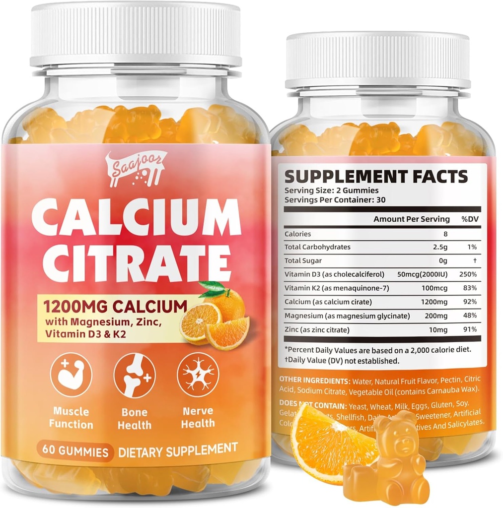 Citrat de calciu Gumries 1200 mg cu vitamina D3, K2, magneziu, zinc, suport osos pentru oase, mușchi și articulații, Imunitate și suport de memorie, 60 Conte