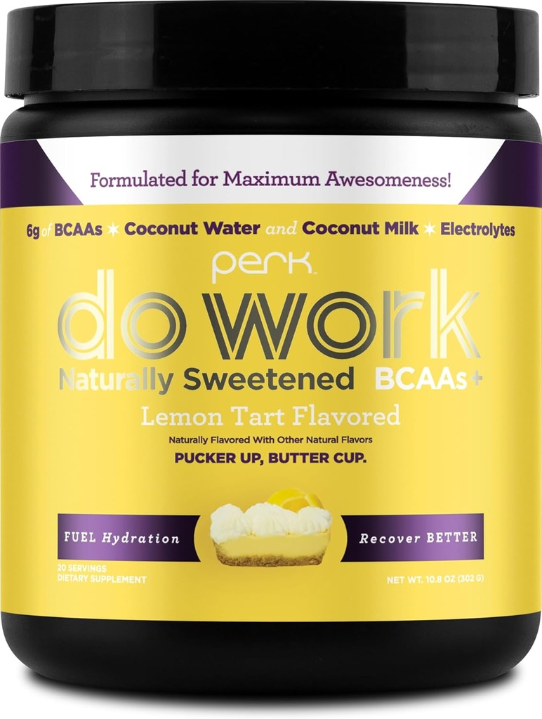 Perk Do Work BCAAs + Hydration Electrolytes Powder (Tărtă cu lămâie îndulcită natural, 20 Serviri) - cu apă de cocos și lapte de cocos
