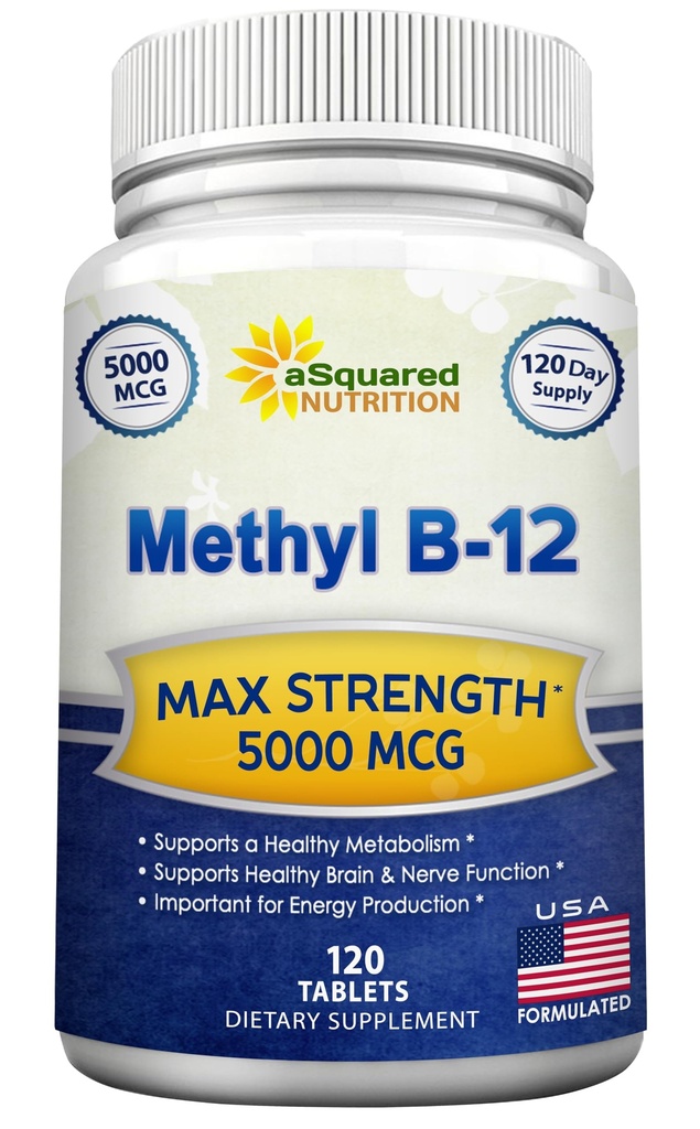 aSquared Nutrition Vitamina B12-5000 MCG Supliment cu metilcobalamină (metil B-12) - Rezistenţă maximă Vitamina B 12 Suport pentru a ajuta la stimularea energiei naturale, Beneficiu Brain & Heart Function - 120 comprimate