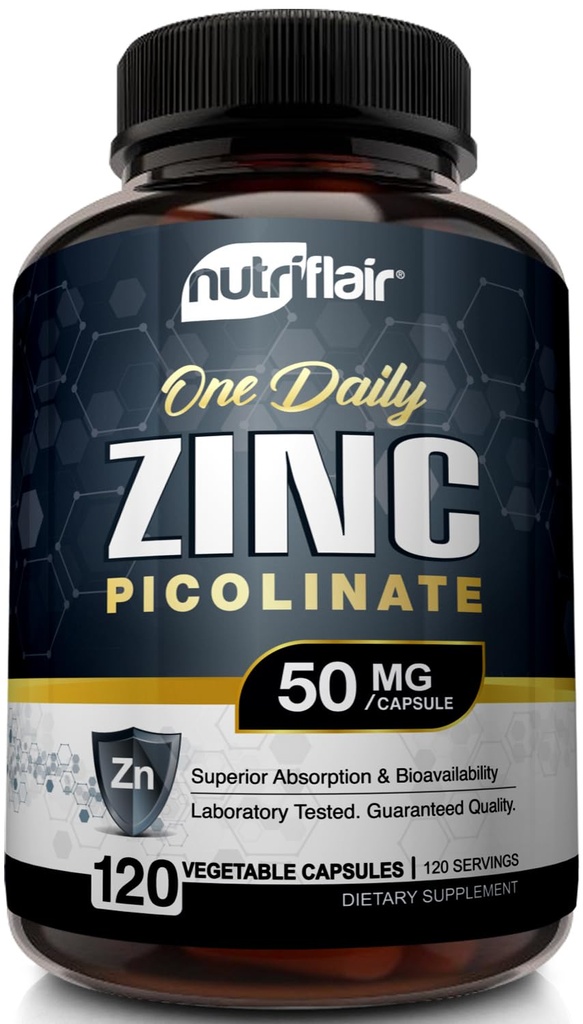 Picolinat de zinc NutriFlair 50mg, 120 capsule - supliment de absorbţie maximă pastile de zinc - Booster sistem imunitar, Apărarea imunităţii, Antioxidant puternic non-GMO - Comparativ cu gluconat, Citrat, Oxid