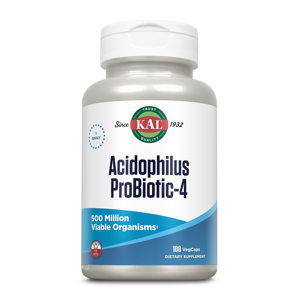 KAL Acidophilus ProBiotic-4, 500 Milioane CFU, patru tulpini probiotice, Probiotice pentru femei și bărbați, Freeze Uscate, L. acidophilus, L. bulgaricus, S. termofil, B. bifidum, 100 Servings, 100 VegCaps