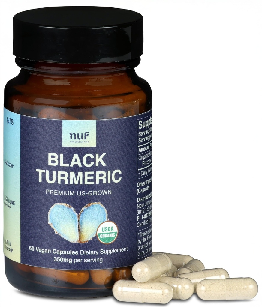 Nuf- Organic Black Turmeric 350 mg capsule întregi root Vegan- US Grown- Gluten gratuit - non OMG- sprijin comun - Răspuns inflamator sănătos - Funcția imună adecvată