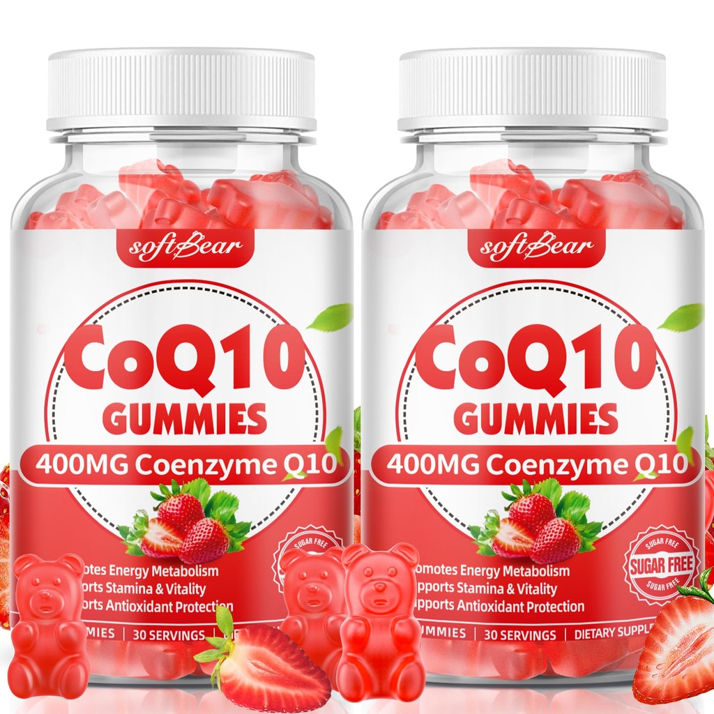 softbear CoQ10 Gummies 400mg Coenzime Q10 Supliment pentru adulți, Coq10 de înaltă absorbție Plus Omega-3, Magneziu, vitamina B3 & Zinc pentru energie celulară și antioxidant, aromă de căpșuni 120 Conte