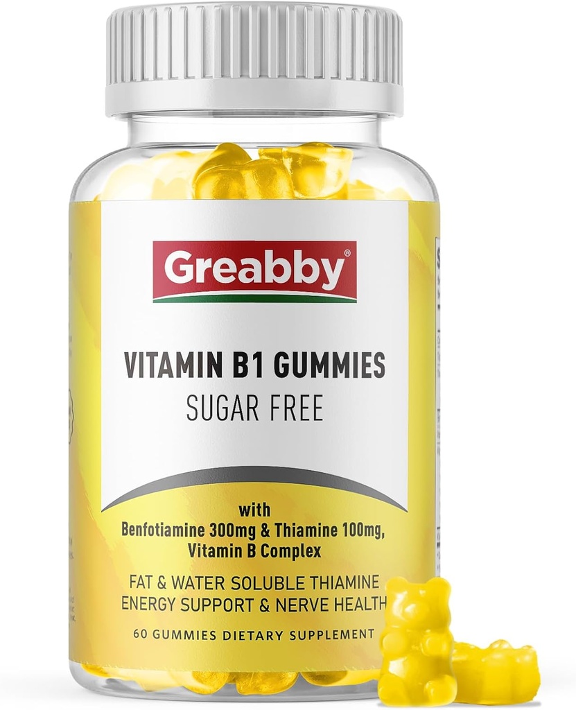 Vitamina B1 Gumries - Benfotiamină 300mg & Tiamină 100mg, zahăr fără, vitamina B Complex supliment masticabile, energie Boost & Sistem nervos Sănătate pentru femei Bărbaţi, 60 gume