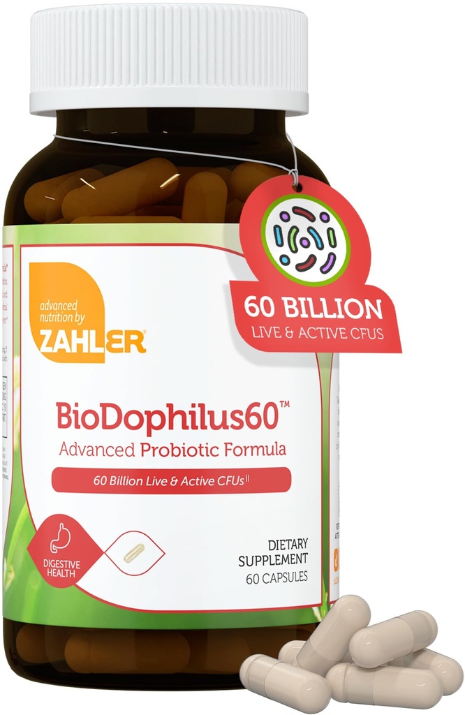 Zahler BioDophilus60, 60 Miliarde CFU Probiotic + Prebiotic - 11 Strains Daily Probiotic Supliment - Probiotice Kosher pentru femei pentru sanatate digestiva, Probiotice pentru barbati pentru sanatate gutoasa (60 capsule)