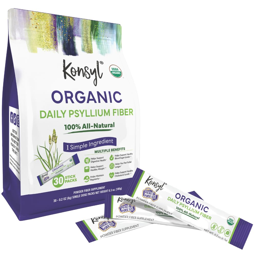 Konsyl Organic Daily Psyllium Fiber Stick Packs - On-The-Go Fiber Supplement Powder - Convenabil, All-Natural Soluble Fiber, Gluten-Free & Sugar-Free, Vegan & Keto - 30 Pachete