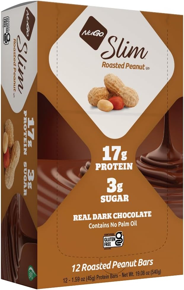NuGo Slim Ciocolată neagră Alună prăjită, 16g Proteină, 2g Zahăr, 7g Fibră, Carburator net scăzut, Keto Friendly, Gluten Free, 12 Conte
