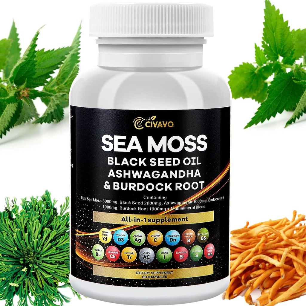 Sea Moss 3000mg Black Seed Oil 2000mg Ashwagandha 1000mg Bladderwrack 1000mg Turmeric 1000mg Buddock 1000mg Vitamina C & D3 Elderberry Manuka Yellow Dock Clorofill ACV