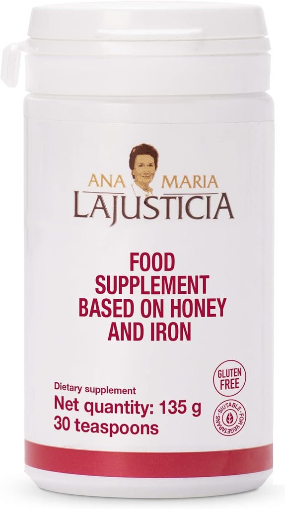 Ana Maria Lajusticia - Fier de călcat cu miere - Supliment alimentar - 135g (30 lingurițe) - lactate și gluten gratuit. Vegetarian prietenos. Perfect pentru a promova sănătatea vasculară.