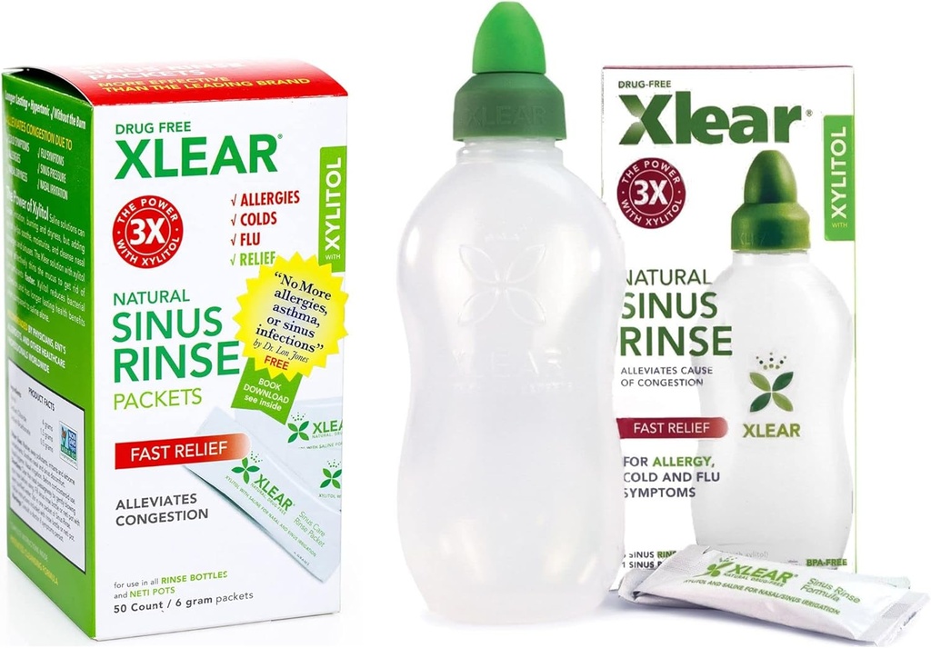 Xilitol natural Xilitol Sinus Clătire Refill, Neti Pot Saline Pachete - Curatare nas pentru presiune rapida si congestie de ajutor, Lucreaza cu cele mai multe sisteme de irigare nazale, 50 Conte si 1 sticla de clătire