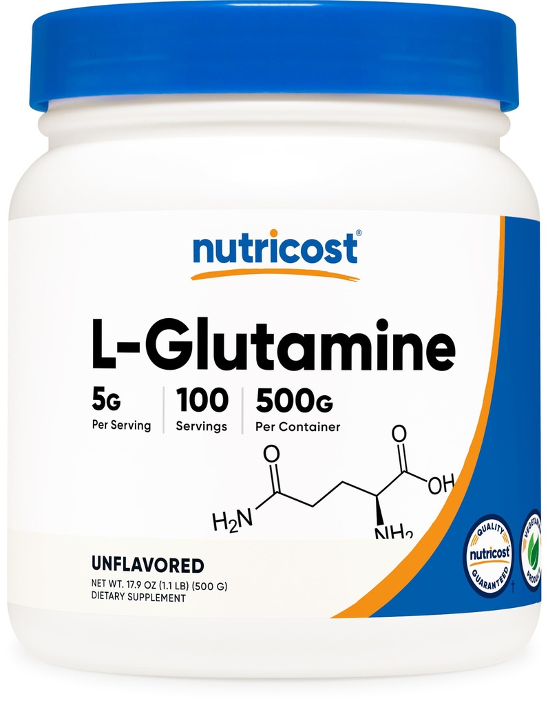 Nutricost L-glutamină pulbere (500 Grams) Nearomatizat - Gluten fără gluten & non-GMO, 100 Servings